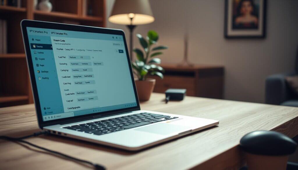 A cozy home office setup with a laptop, keyboard, and mouse on a minimalist wooden desk. In the foreground, the IPTV Smarters Pro app is open on the laptop screen, showcasing the Xtream Codes API configuration interface with clean, intuitive menus and controls. The lighting is soft and natural, creating a calm, focused atmosphere. In the middle ground, a potted plant and a tasteful desk lamp add subtle touches of greenery and ambiance. The background features a bookshelf or wall art, conveying a sense of professionalism and productivity.