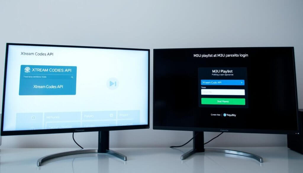 A high-quality photograph showing a side-by-side comparison of two IPTV service interfaces, one using the Xtream Codes API and the other a M3U playlist login. The interfaces are displayed on modern, high-resolution screens with clean, minimalist designs. The image should convey a professional, technical atmosphere, with a focus on the user experience and performance differences between the two services. Lighting is soft and even, capturing the details of the screens and creating a sense of depth. The camera angle is slightly elevated, providing a clear view of the interfaces. The overall mood is one of informed, impartial analysis.